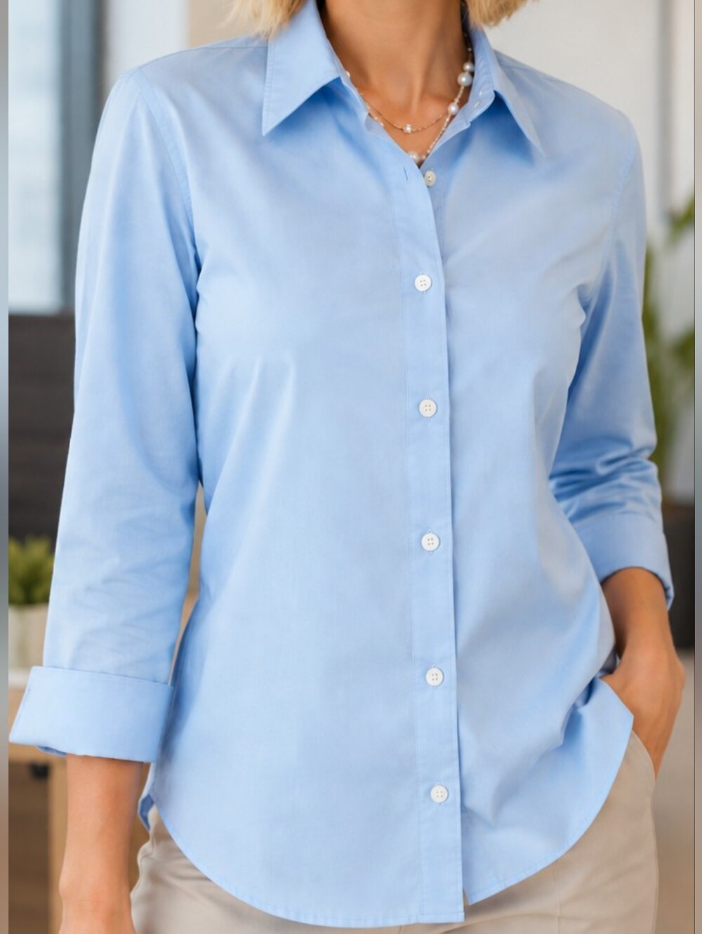 Lands’ End Light Blue Button Down Career Office Blouse Classic Preppy Shirt